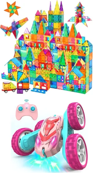 102PCS Magnetic Tiles 1RC Stunt Cars（Pink）