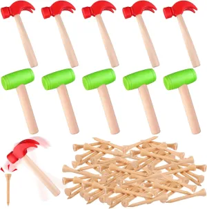 10Pcs Toy Hammer Set With 100Pcs Small Wooden Simulation Fake Maintenance Tools, Plastic Toddler Claw Hammer, Portable Pretend Play Mallet for Boys Girls