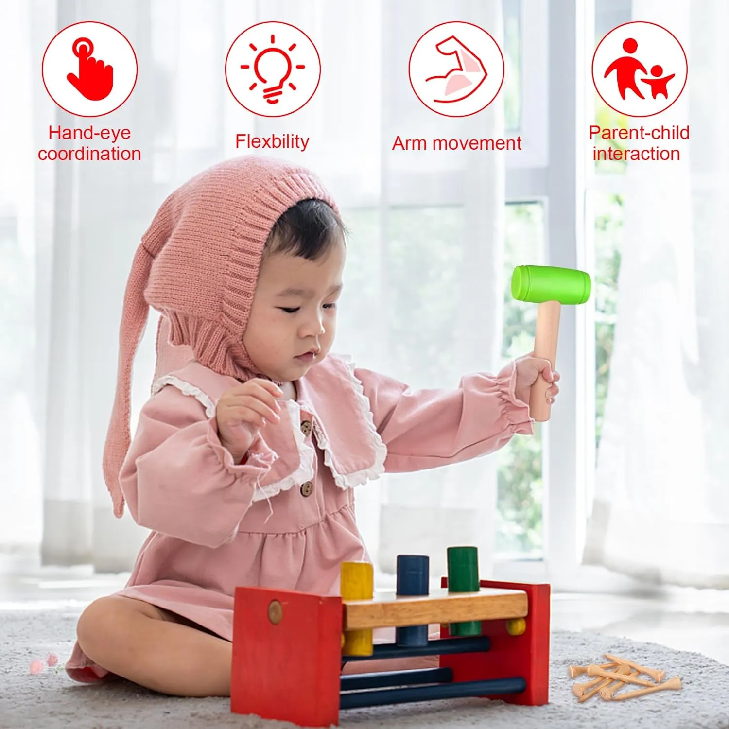 10Pcs Toy Hammer Set With 100Pcs Small Wooden Simulation Fake Maintenance Tools, Plastic Toddler Claw Hammer, Portable Pretend Play Mallet for Boys Girls