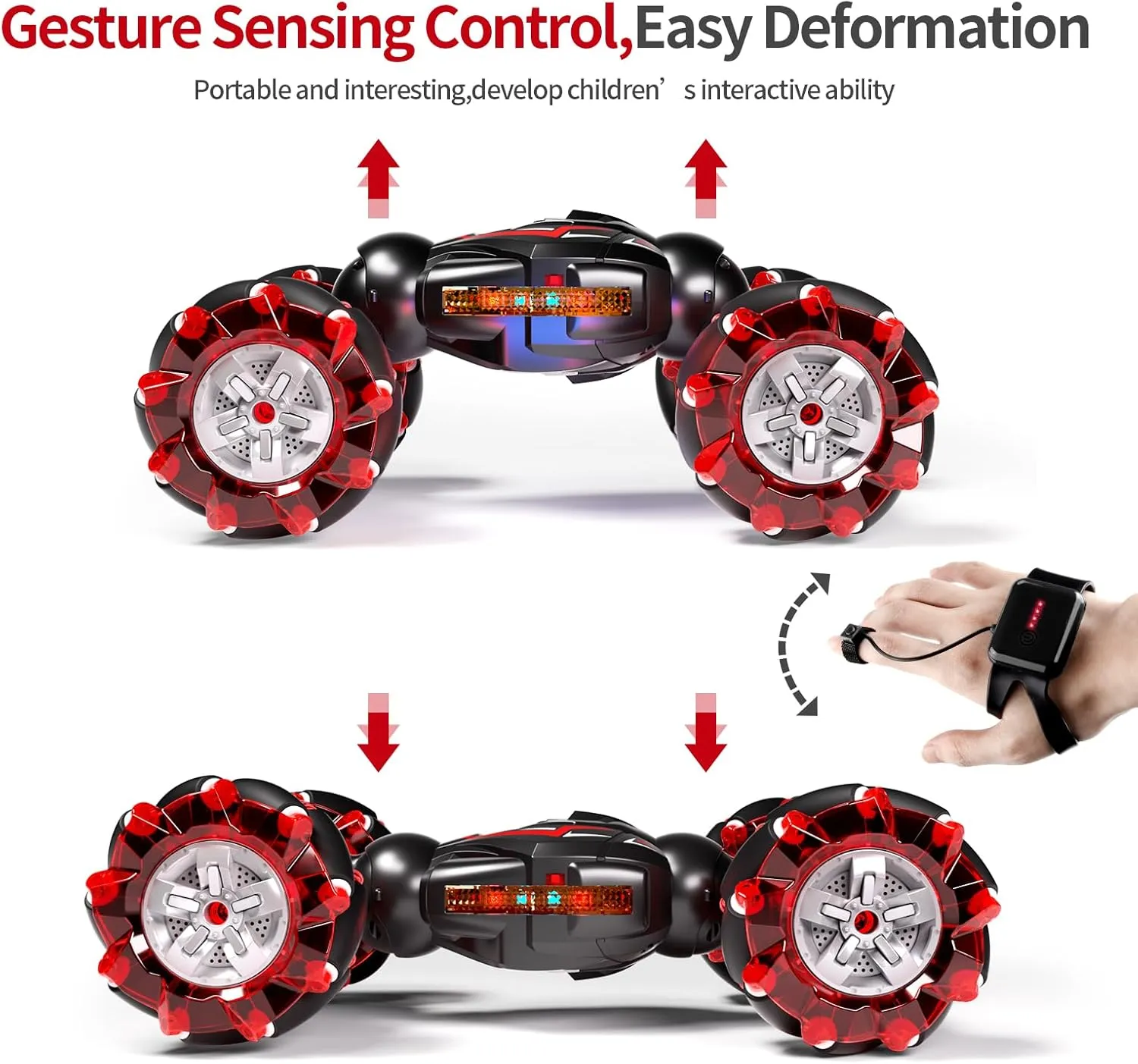 1:12 Red RC Stunt Car, 2.4GHz 4WD Remote Control Gesture Sensor Toy Cars, Double Sided Rotating Off Road Vehicle 360° Flips with Lights Music, Toy Cars for Boys & Girls Birthday