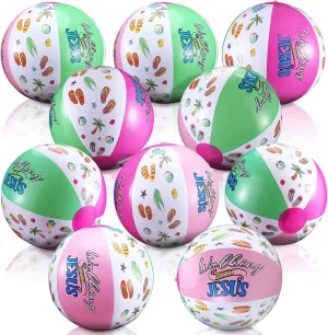 12 Pack Jesus Beach Balls Bulk 15" Inflatable Religious Beach Balls Walking with Jesus Summer Bible Decor for VBS Vacation Swimming Party Favor Supplies