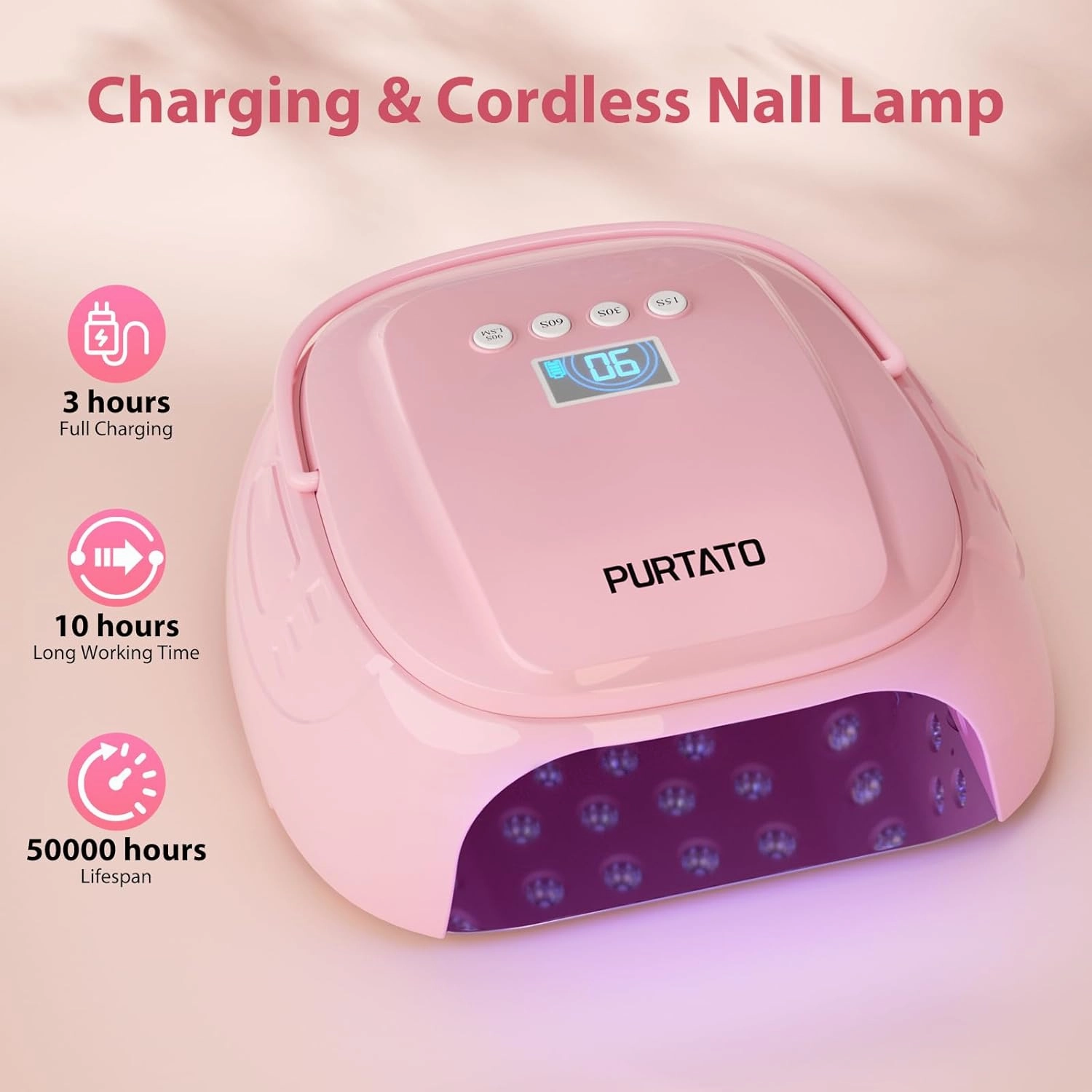 126W Cordless Rechargeable UV LED Nail Lamp, Fast Curing Gel Nail Dryer with 4 Timers, Portable Professional Nail Light for Salon and Home (Pink)