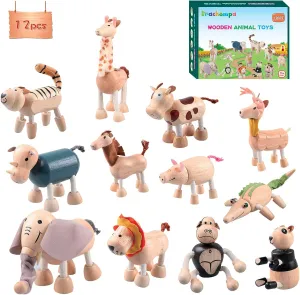 12PCS Bendable Wooden Animal Toys, Fun and Posable Animal Toys Figures for Early Education, Safari Wood Toy for Kids, Smooth Natural Wood, Wood Animal Learning Toy for Children