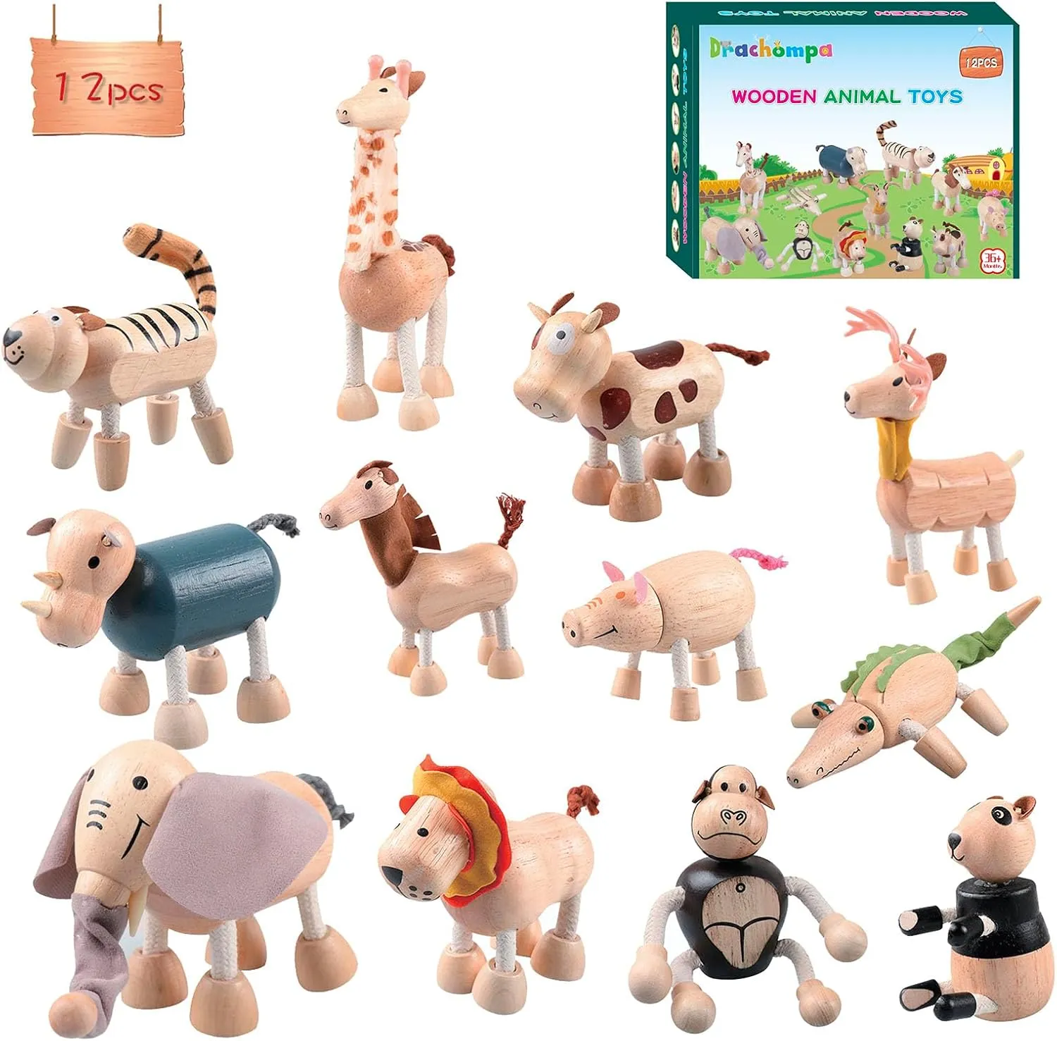 12PCS Bendable Wooden Animal Toys, Fun and Posable Animal Toys Figures for Early Education, Safari Wood Toy for Kids, Smooth Natural Wood, Wood Animal Learning Toy for Children