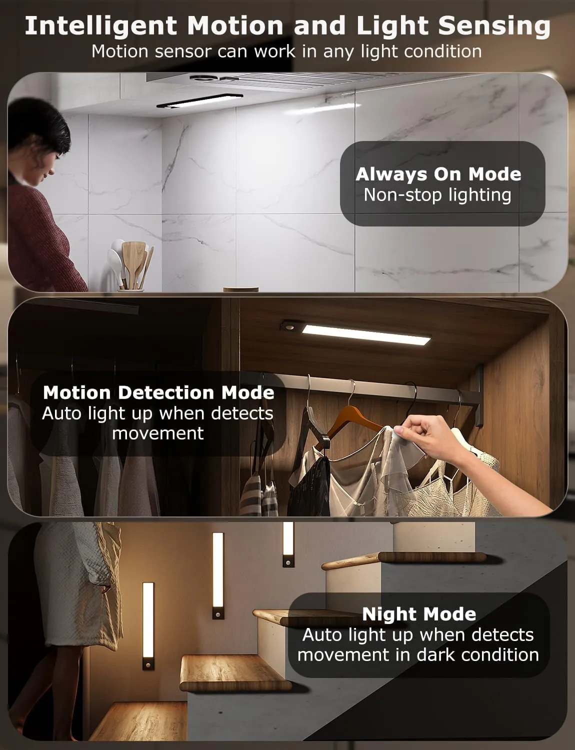 12" Ultra-Thin Under Cabinet Lighting Wireless, Aluminum Alloy Under Counter Lights for Kitchen, 3-Color-Temps Magnetic Closet Lights, Rechargeable Motion Sensor Light Indoor (2Pack, Black)