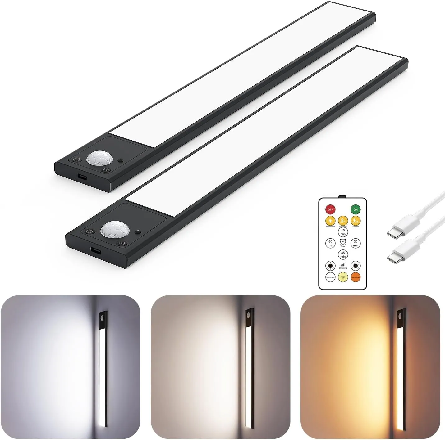 12" Ultra-Thin Under Cabinet Lighting Wireless, Aluminum Alloy Under Counter Lights for Kitchen, 3-Color-Temps Magnetic Closet Lights, Rechargeable Motion Sensor Light Indoor (2Pack, Black)