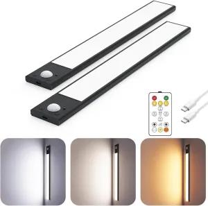 12" Ultra-Thin Under Cabinet Lighting Wireless, Aluminum Alloy Under Counter Lights for Kitchen, 3-Color-Temps Magnetic Closet Lights, Rechargeable Motion Sensor Light Indoor (2Pack, Black)