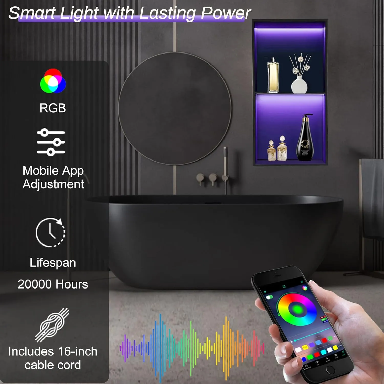 12" X 24" RGB Shower Niche,Recessed Two-tier Shower Niche with Led Light,Stainless Steel Wall Niche with Remote Control,No Tile Needed Wall Niche,Matte Black