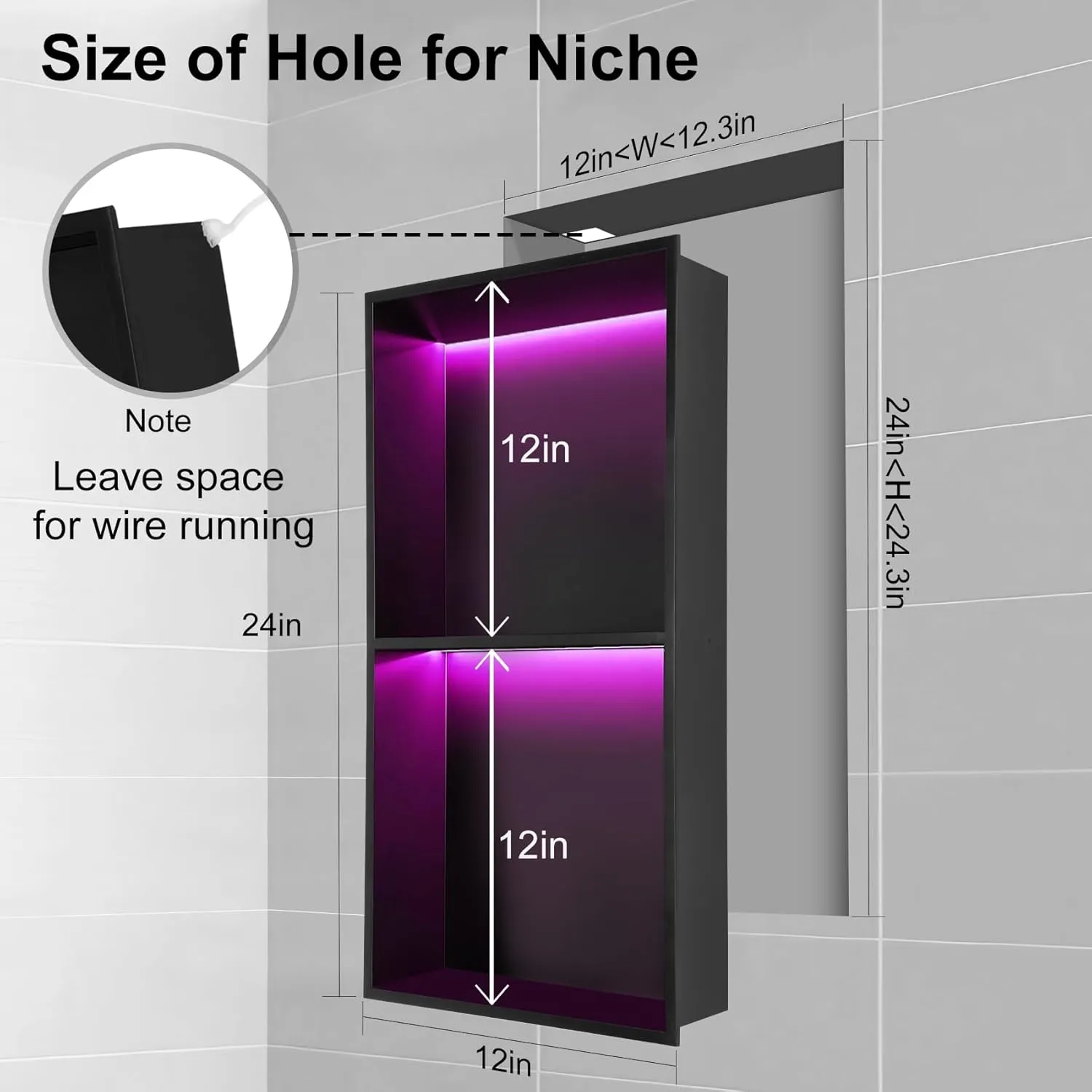 12" X 24" RGB Shower Niche,Recessed Two-tier Shower Niche with Led Light,Stainless Steel Wall Niche with Remote Control,No Tile Needed Wall Niche,Matte Black