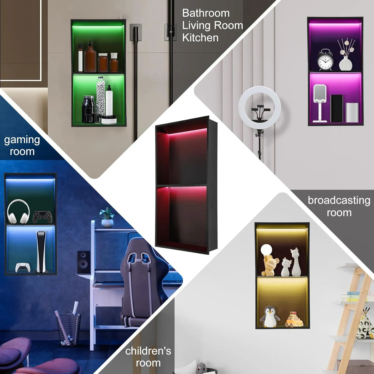 12" X 24" RGB Shower Niche,Recessed Two-tier Shower Niche with Led Light,Stainless Steel Wall Niche with Remote Control,No Tile Needed Wall Niche,Matte Black