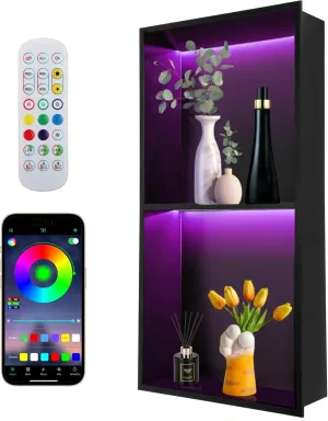 12" X 24" RGB Shower Niche,Recessed Two-tier Shower Niche with Led Light,Stainless Steel Wall Niche with Remote Control,No Tile Needed Wall Niche,Matte Black