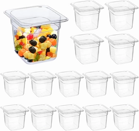 14 Packs Plastic Clear Food Pans 1/6 Size Stackable Storage Containers for Fruits Vegetables Beans for Restaurant, Commercial, and Hotel Use with Capacity Indicator (6" Deep)