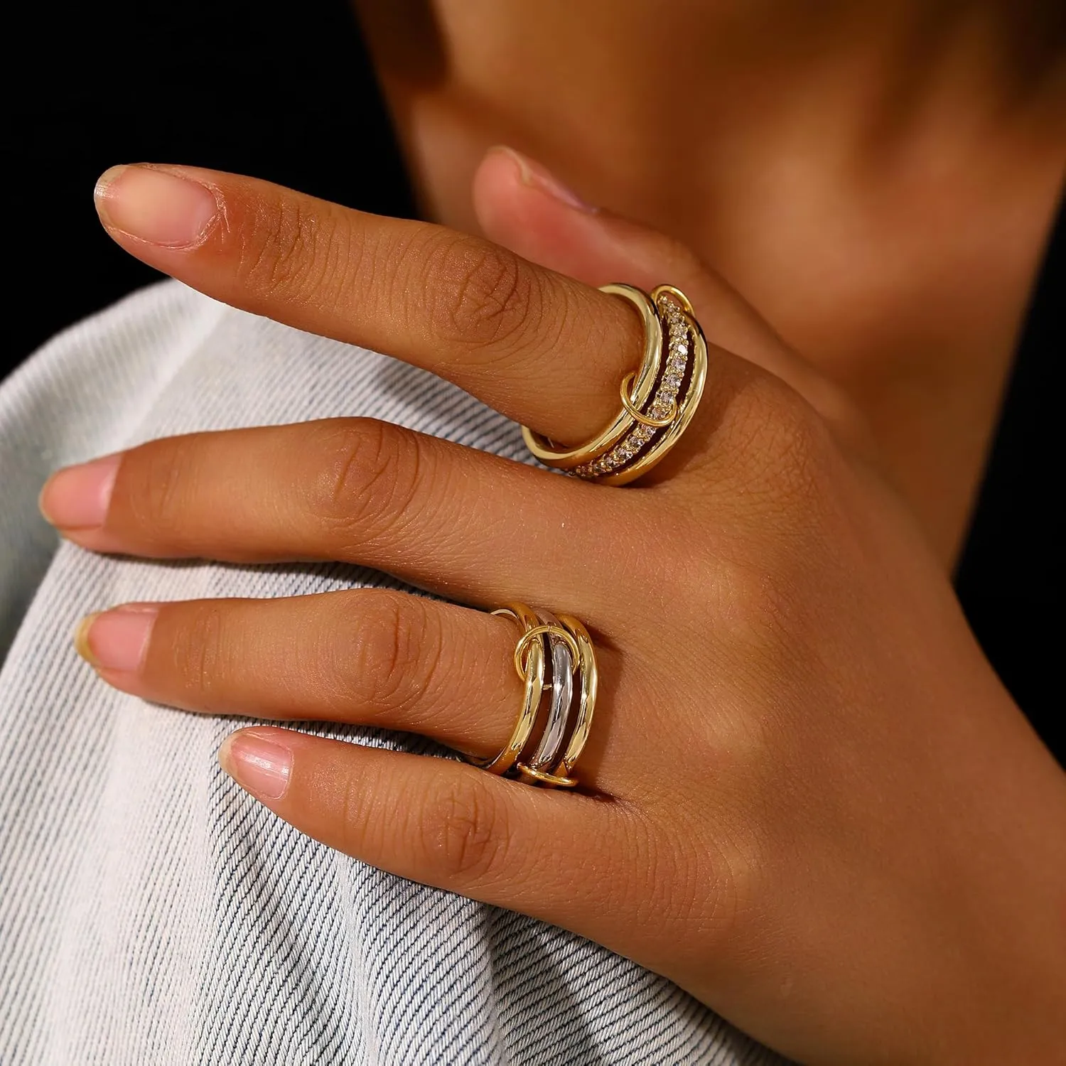 14K Gold Plated Interlocked Stackable Rings for Women Non Tarnish,Gold and Silver Cubic Zirconia Statement Rings Set,Mixed Metals Ring Two-Toned Connected Bands Stacking Jewelry