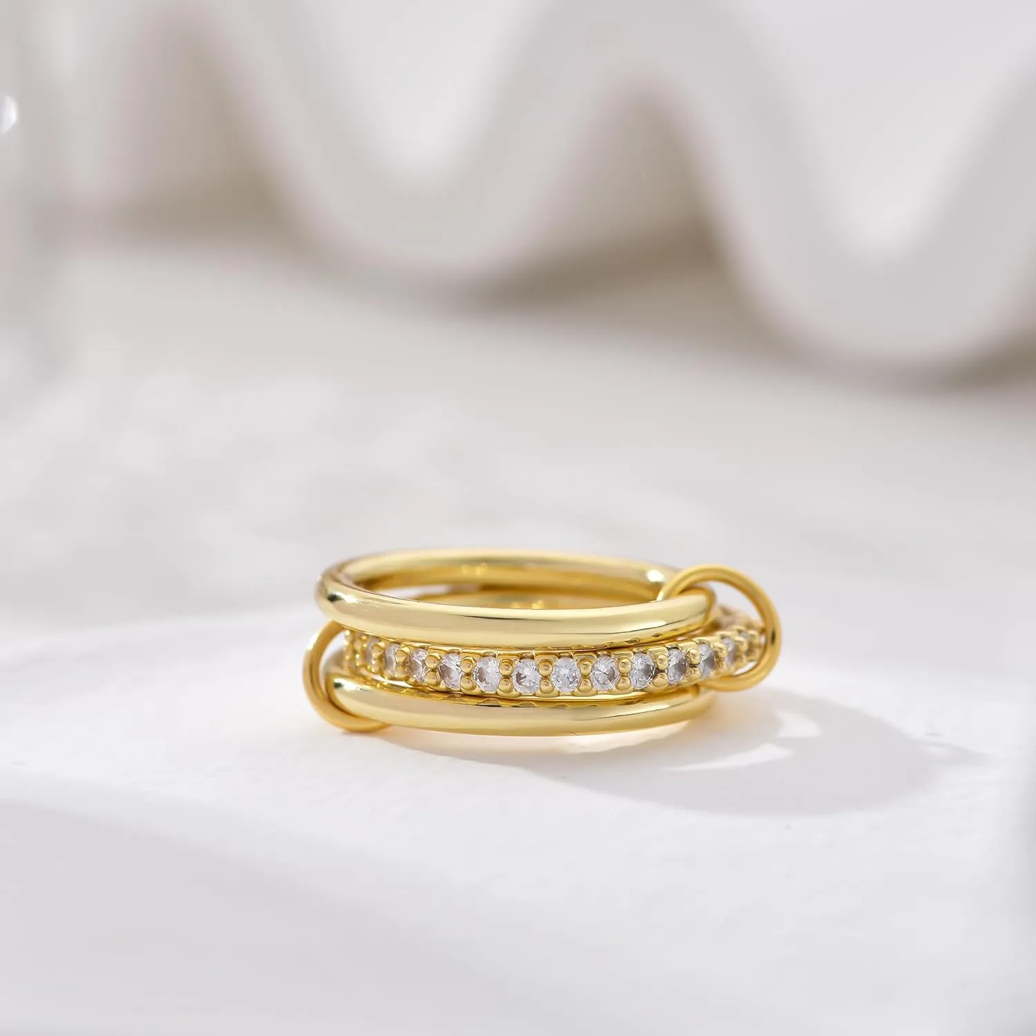 14K Gold Plated Interlocked Stackable Rings for Women Non Tarnish,Gold and Silver Cubic Zirconia Statement Rings Set,Mixed Metals Ring Two-Toned Connected Bands Stacking Jewelry