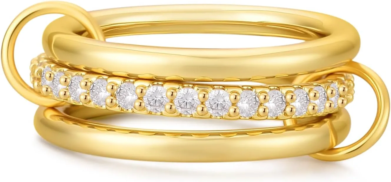 14K Gold Plated Interlocked Stackable Rings for Women Non Tarnish,Gold and Silver Cubic Zirconia Statement Rings Set,Mixed Metals Ring Two-Toned Connected Bands Stacking Jewelry