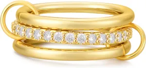 14K Gold Plated Interlocked Stackable Rings for Women Non Tarnish,Gold and Silver Cubic Zirconia Statement Rings Set,Mixed Metals Ring Two-Toned Connected Bands Stacking Jewelry