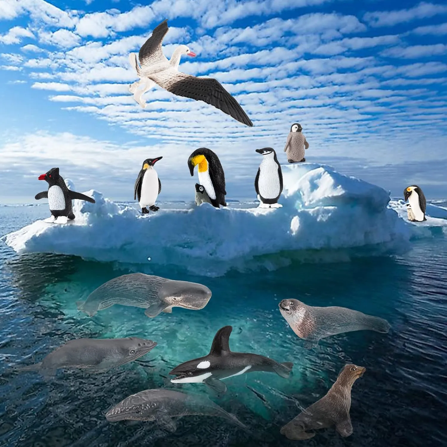 14PCS Antarctica Penguin Figurines Toy Playset Arctic Penguin Lifecycle Realistic Sperm Whale Toys Cake Decoration Christmas Birthday Party Supplies Decor