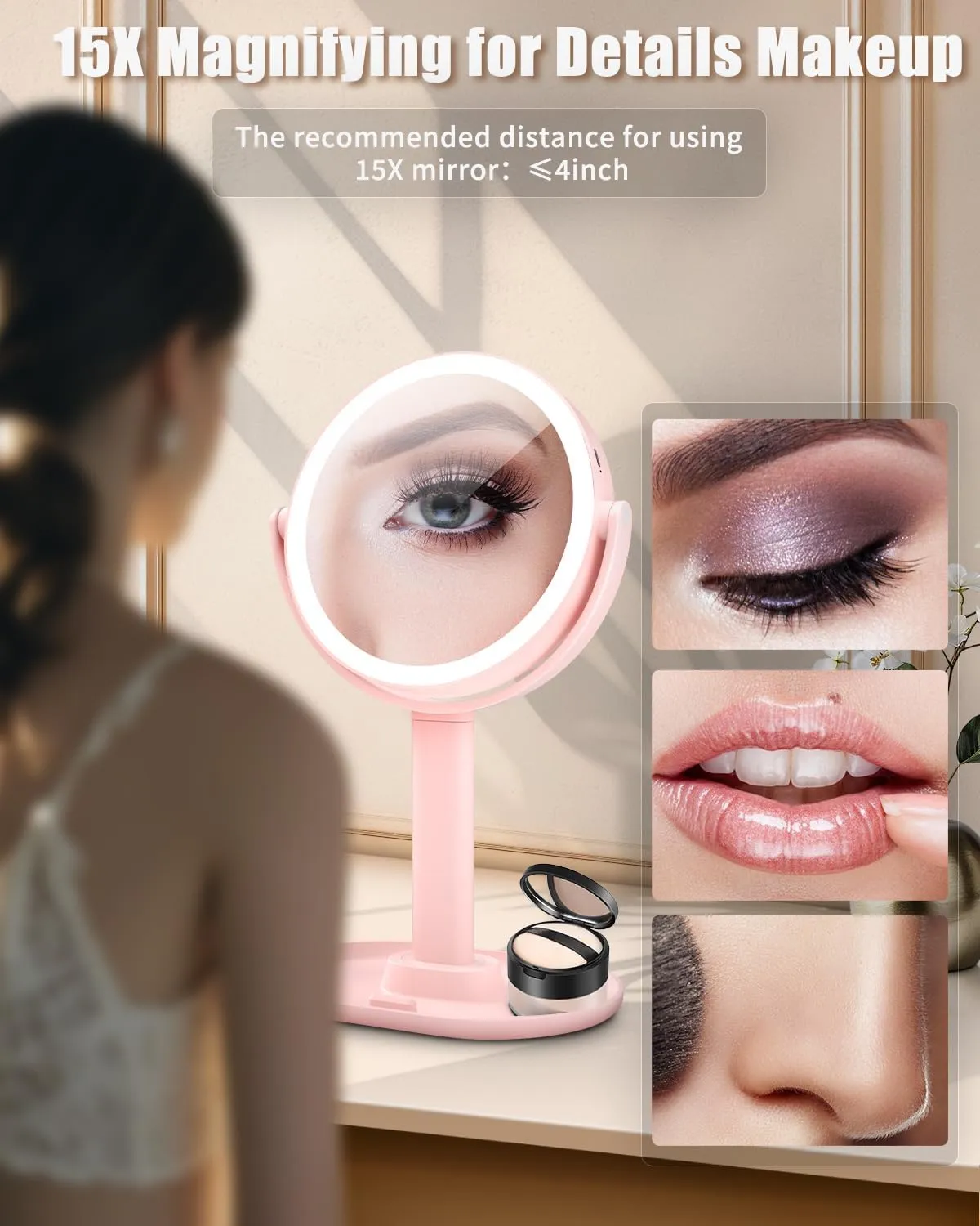15X Magnifying Makeup Mirror with Lights, Double Sided 360° Rotation Vanity Desk Mirror with Magnification Rechargeable 3 Color Lights and Adjustable Brightness Stand for Dressing Table,Bedroom