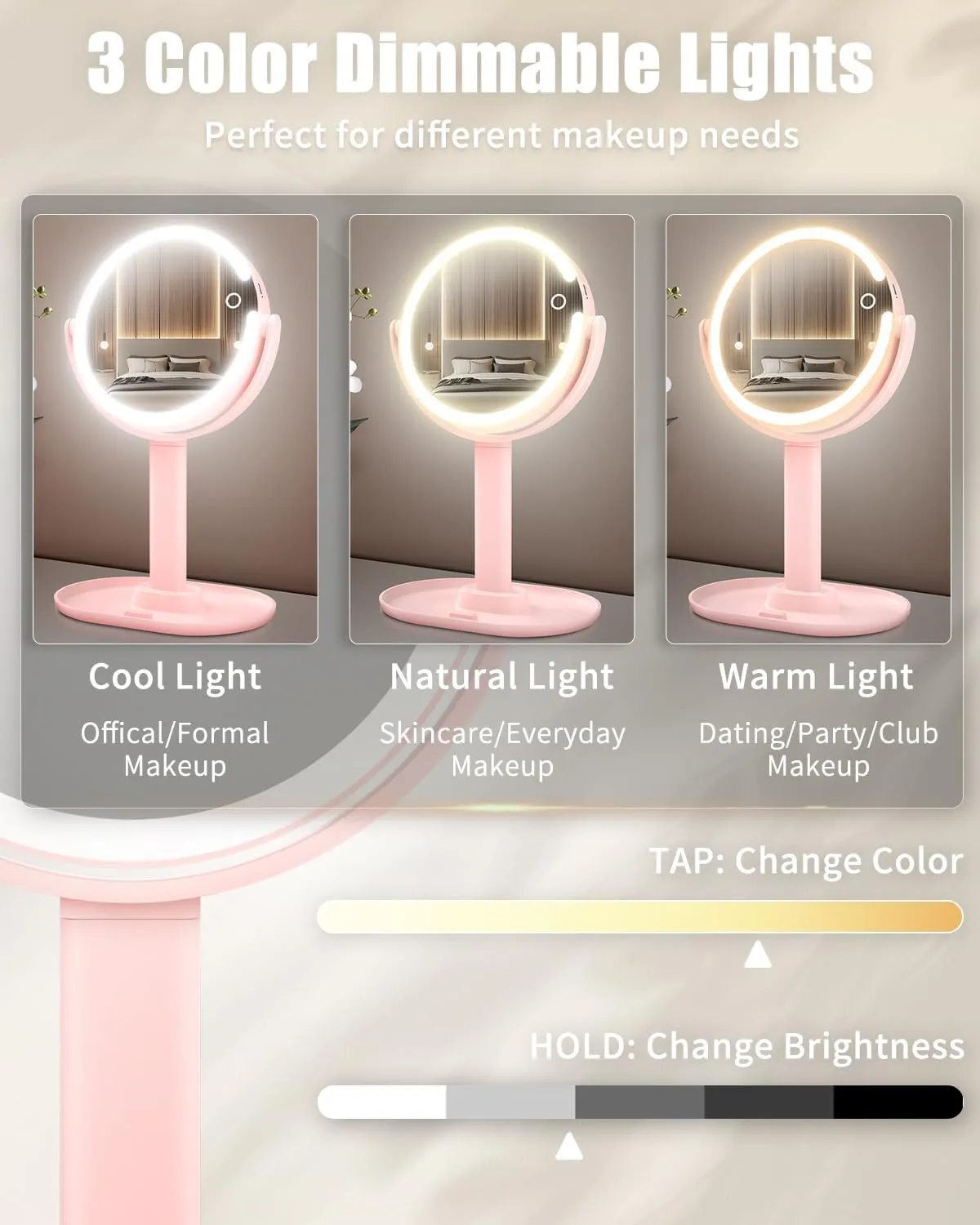 15X Magnifying Makeup Mirror with Lights, Double Sided 360° Rotation Vanity Desk Mirror with Magnification Rechargeable 3 Color Lights and Adjustable Brightness Stand for Dressing Table,Bedroom