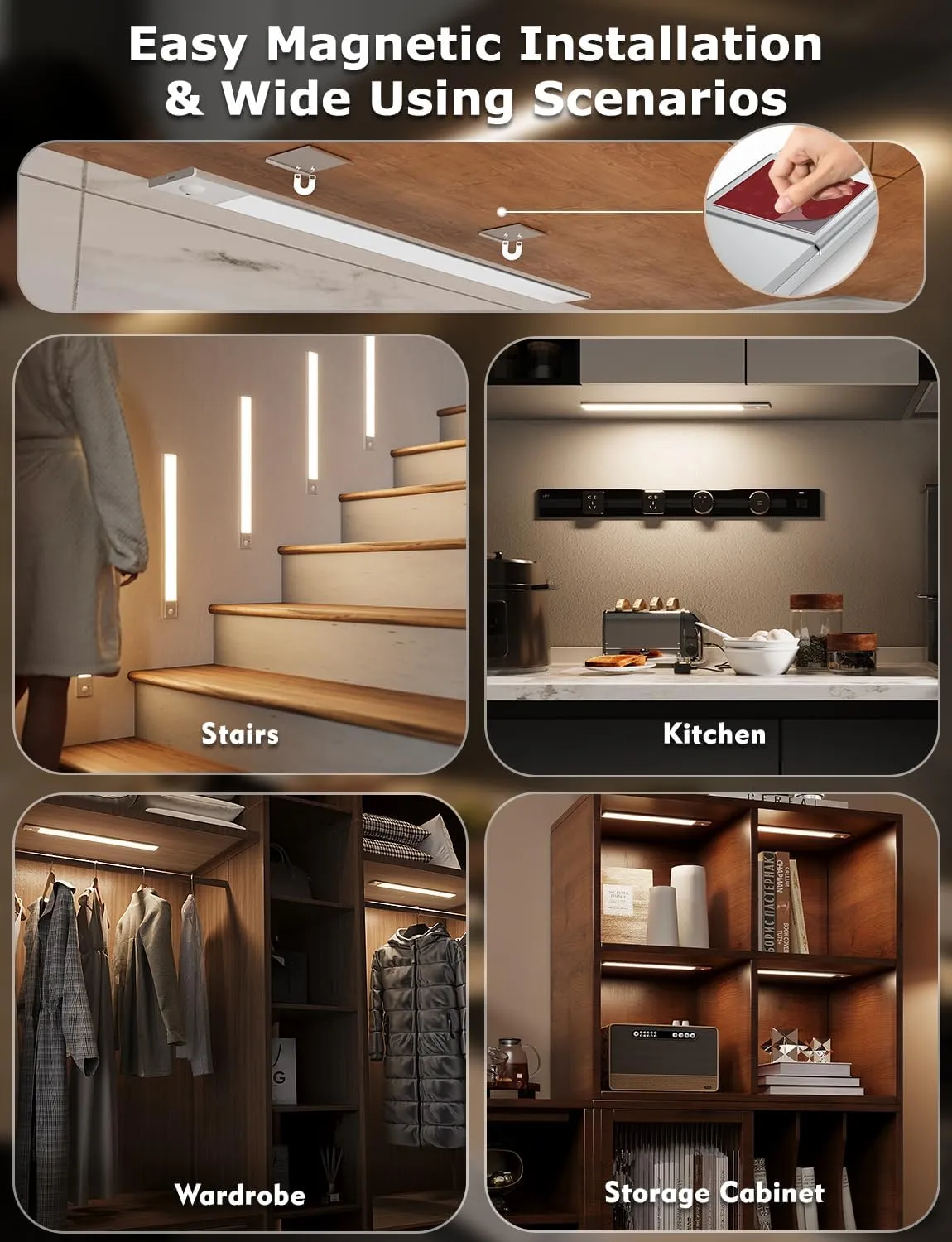 16" Ultra-Thin Under Cabinet Lighting Wireless, Aluminum Alloy Under Counter Lights for Kitchen, 3-Color-Temps Magnetic Closet Lights, Rechargeable Motion Sensor Light Indoor (6Pack, Silver)