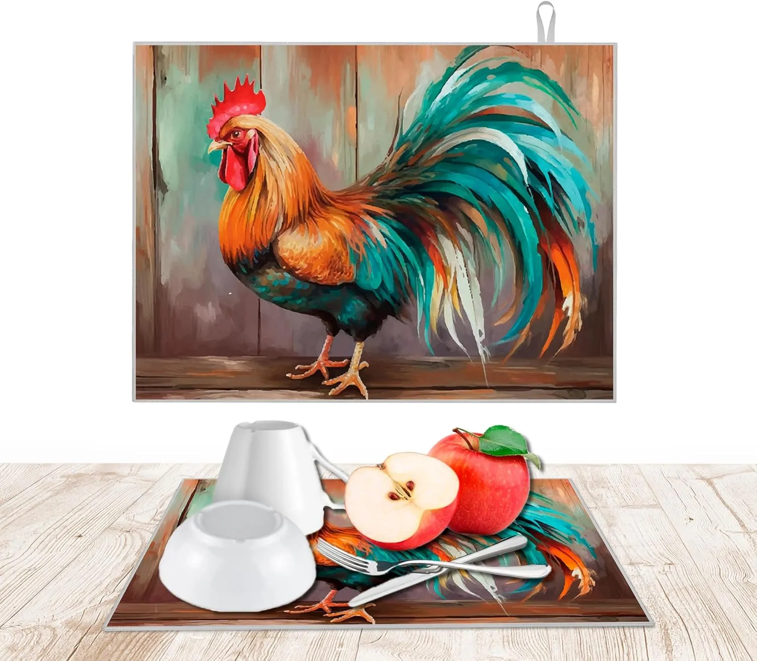 18x24 Inches Dish Drying Mats with Rooster for Kitchen Counter - Farmhouse Absorbent Microfiber Drying Pad - Slip Resistant Kitchens Counters Accessories - Dishes Pad Absorbents Fast Dry