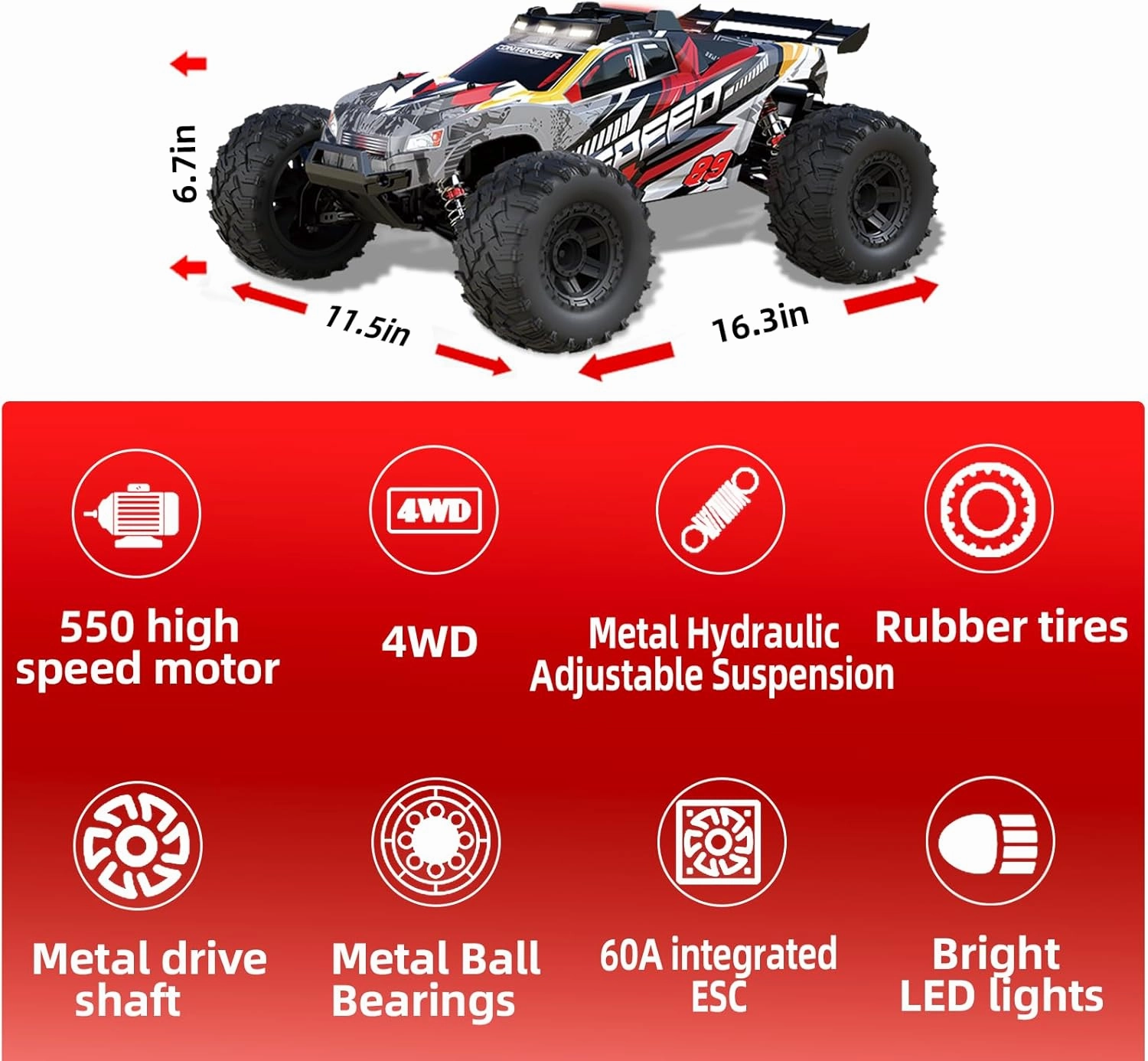 1:10 Large Brush RC Car for Adults, Fast Remote Control Car, 28  MPH Rc Hobby Truck with Headlights, All Terrain 2.4Ghz Electric Hobby Rc Cars, 4WD Off Road Monster Truck for Adults - Red