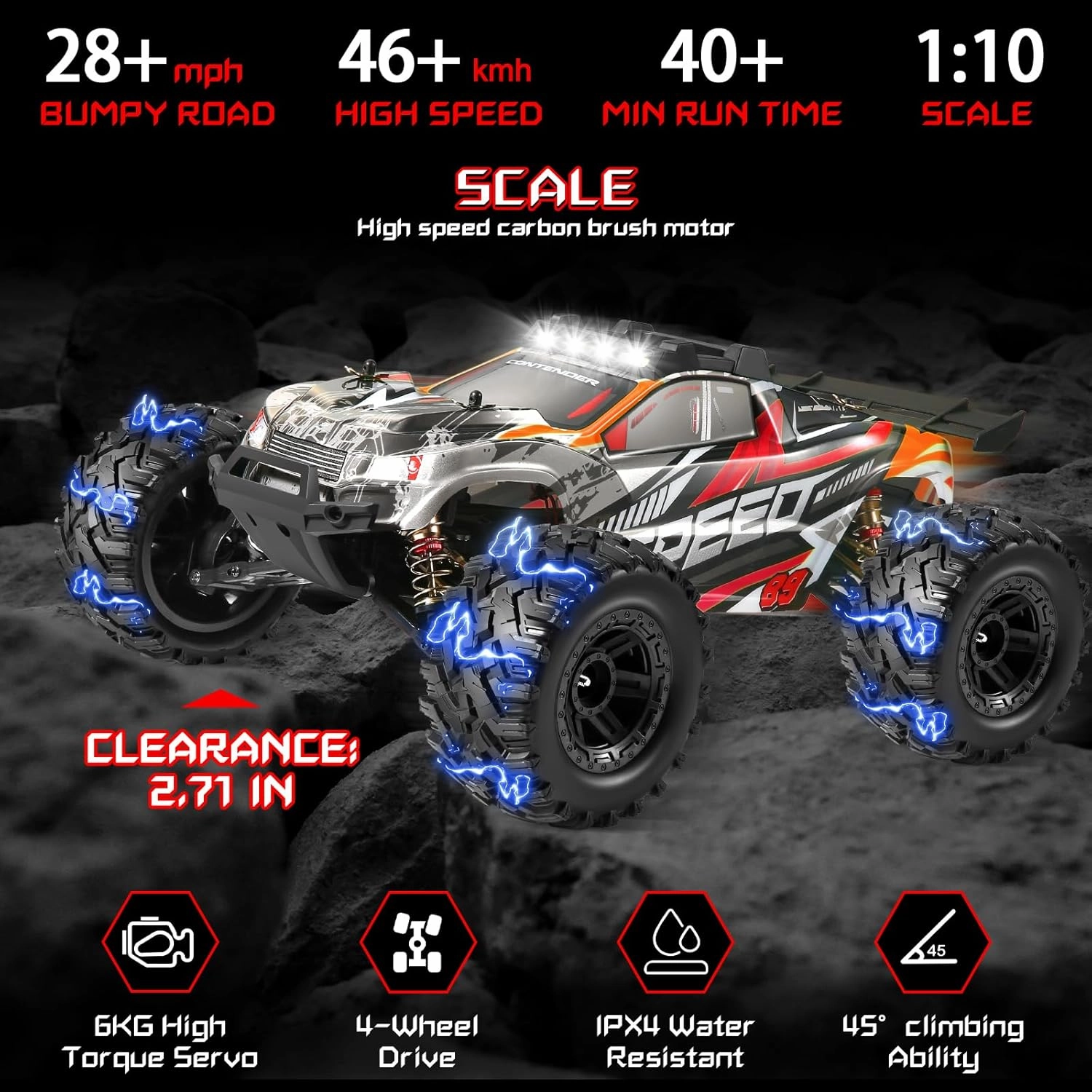 1:10 Large Brush RC Car for Adults, Fast Remote Control Car, 28  MPH Rc Hobby Truck with Headlights, All Terrain 2.4Ghz Electric Hobby Rc Cars, 4WD Off Road Monster Truck for Adults - Red