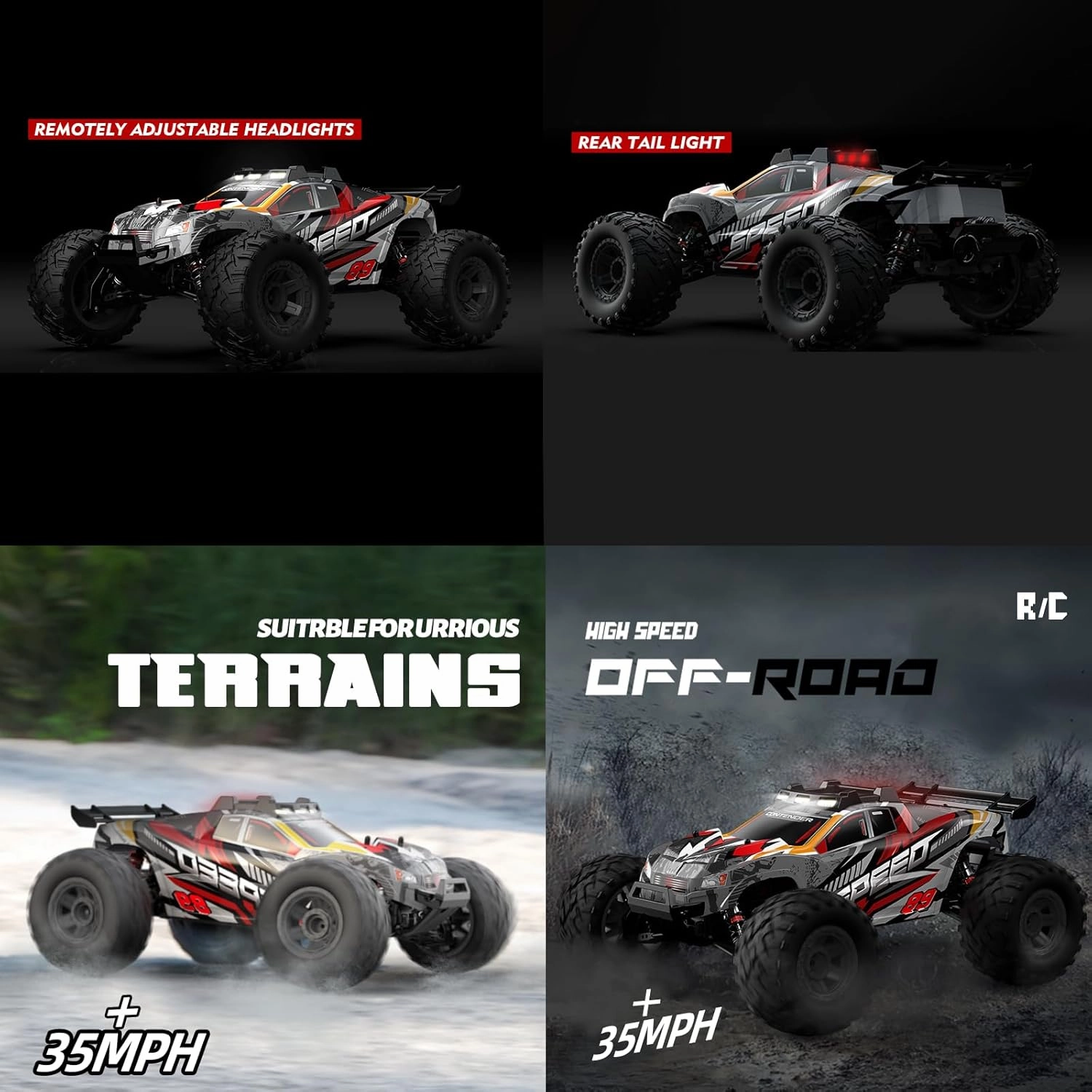 1:10 Large Brush RC Car for Adults, Fast Remote Control Car, 28  MPH Rc Hobby Truck with Headlights, All Terrain 2.4Ghz Electric Hobby Rc Cars, 4WD Off Road Monster Truck for Adults - Red