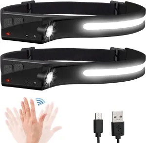 2 Pack Rechargeable LED Headlamp Flashlight, 1200 Lumens, 2 COB, 230° Wide Beam with Motion Sensor, 5 Modes, Lightweight, Waterproof Head Lamp for Outdoor Running, Camping, and Hiking