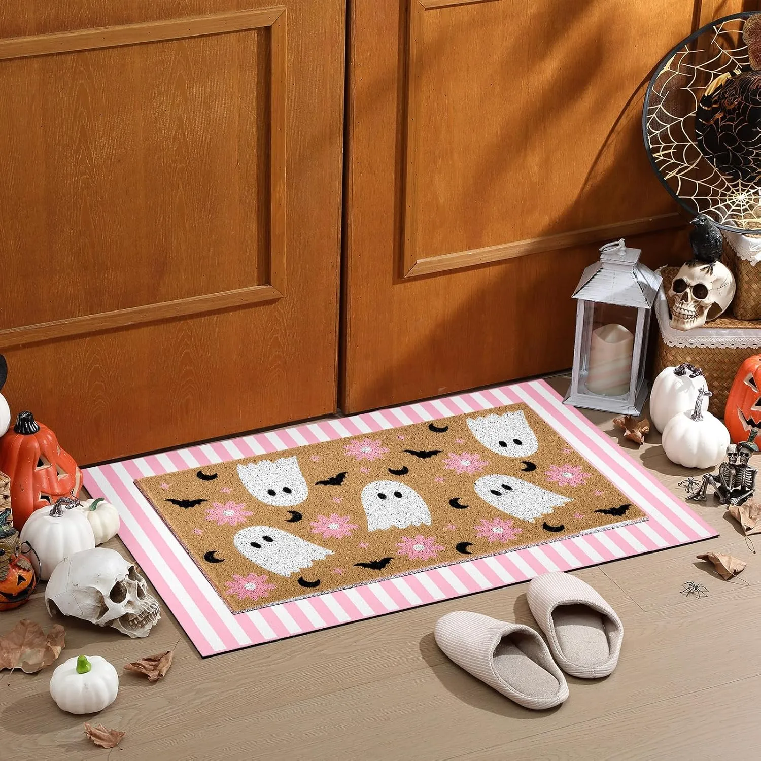 2 Pcs Halloween Door Mat Ghost Welcome Non Slip Coir Mats Pink Flower Cute Bat Stripe Floor Layering Doormats Seasonal for Front Porch Entryway Decor(Flower Ghost)