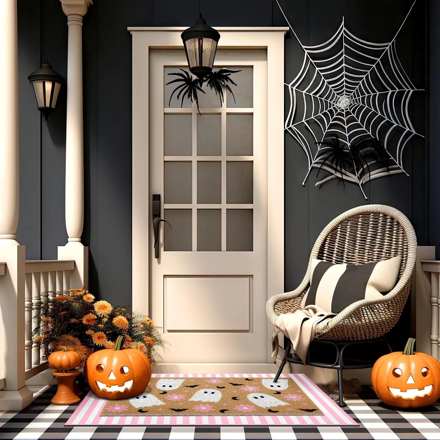 2 Pcs Halloween Door Mat Ghost Welcome Non Slip Coir Mats Pink Flower Cute Bat Stripe Floor Layering Doormats Seasonal for Front Porch Entryway Decor(Flower Ghost)