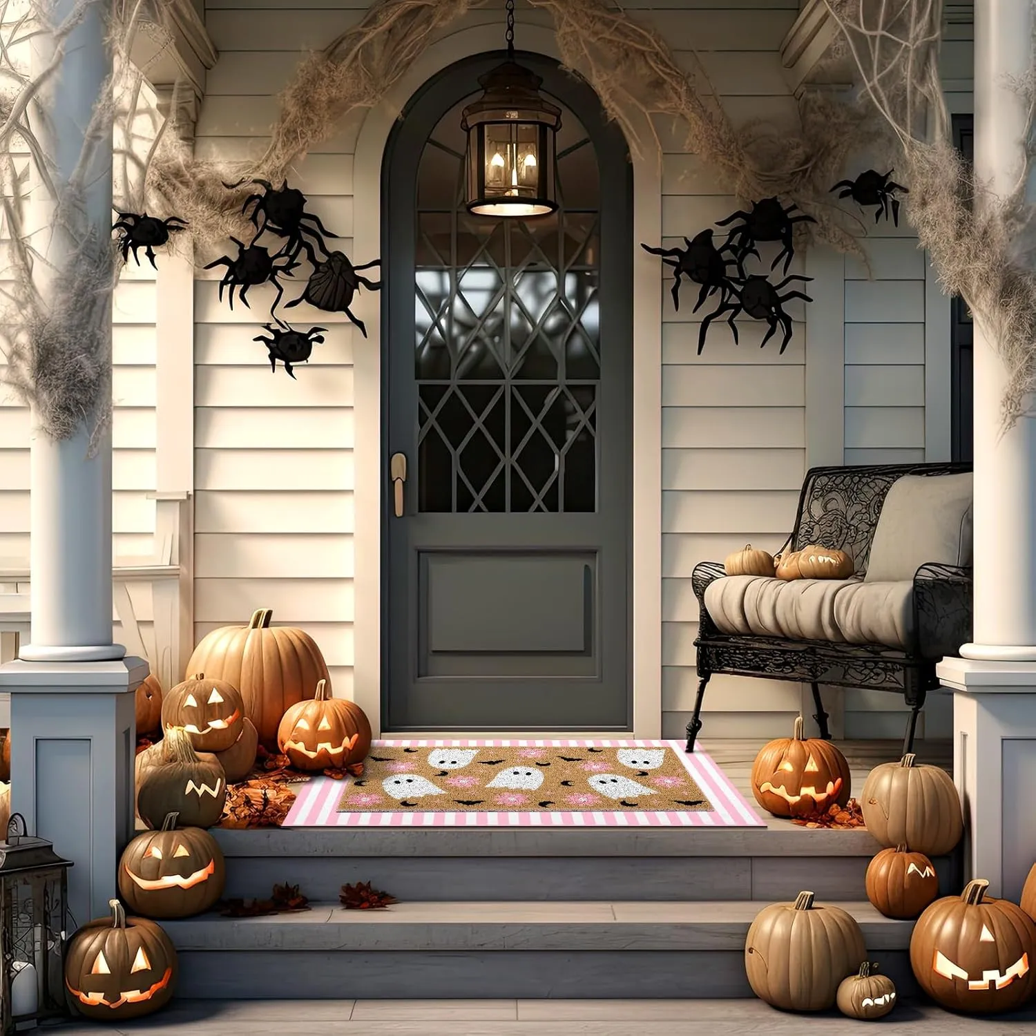 2 Pcs Halloween Door Mat Ghost Welcome Non Slip Coir Mats Pink Flower Cute Bat Stripe Floor Layering Doormats Seasonal for Front Porch Entryway Decor(Flower Ghost)