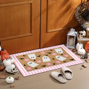2 Pcs Halloween Door Mat Ghost Welcome Non Slip Coir Mats Pink Flower Cute Bat Stripe Floor Layering Doormats Seasonal for Front Porch Entryway Decor(Flower Ghost)