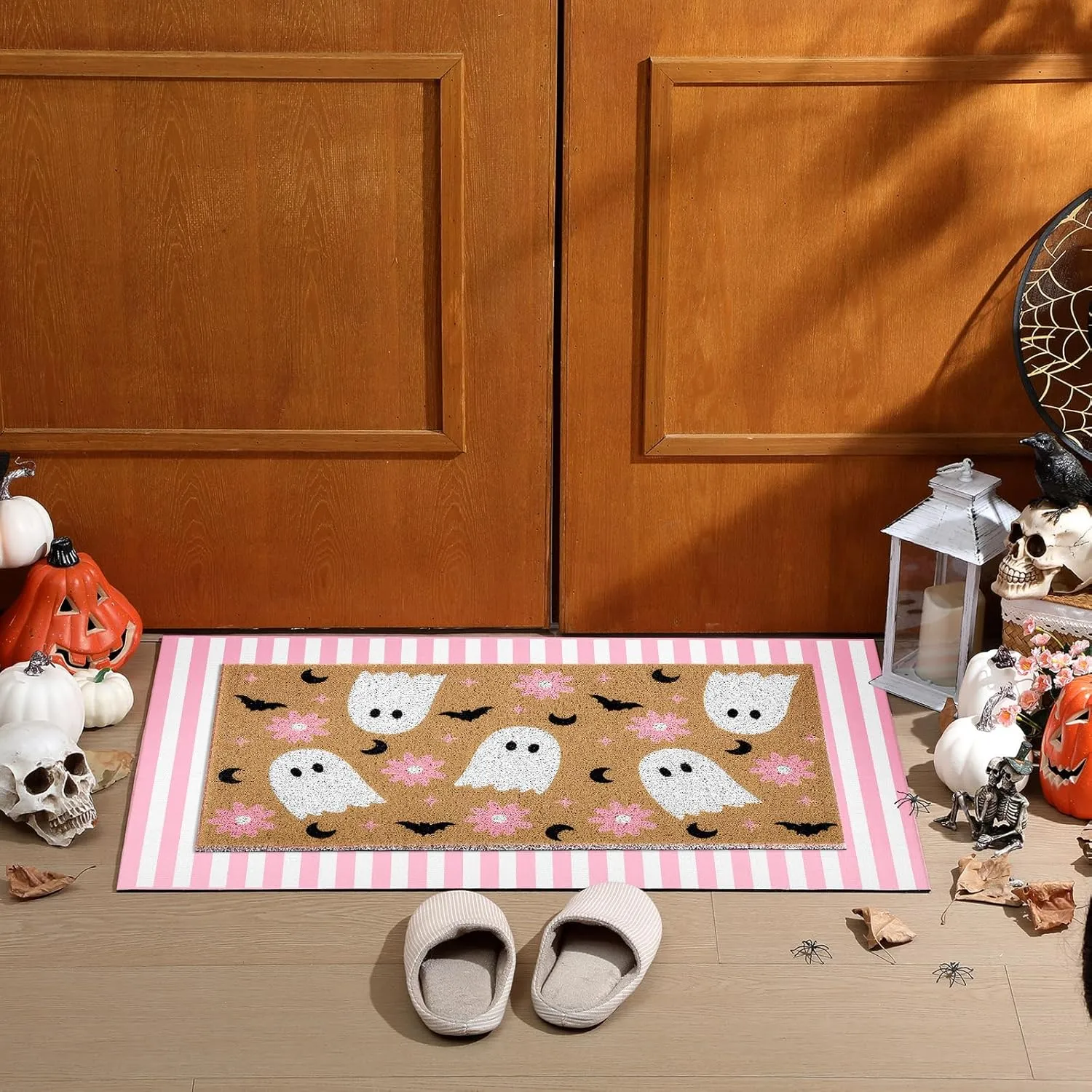 2 Pcs Halloween Door Mat Ghost Welcome Non Slip Coir Mats Pink Flower Cute Bat Stripe Floor Layering Doormats Seasonal for Front Porch Entryway Decor(Flower Ghost)