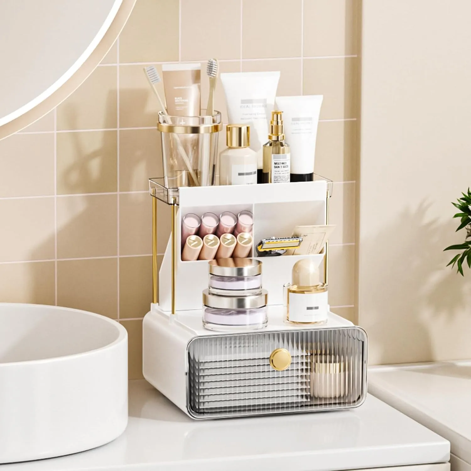 2-Tier Makeup Organizers Countertop,Versatile Bathroom Counter Organizer,Cosmetic Make Up Organizers for Vanity,Cute Skincare Organizer (Clear)