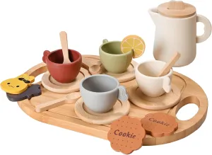 20pcs Wooden Tea Set for Little Girls, Tea Party Set for Kids Wooden Toys Pretend Play Kitchen Accessories, Toddler Tea Set with Wooden Tray, Silicone Teapot & Cups Birthday Gift Playset