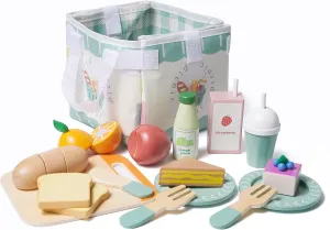 21pcs Wooden Play Food Set for Kids Kitchen, Cutting Pretend Play Toy Picnic Playset with Food, Fruit, Juice and Bag, Toddler Toy Food Play Kitchen Accessories Boys & Girls Birthday Gift