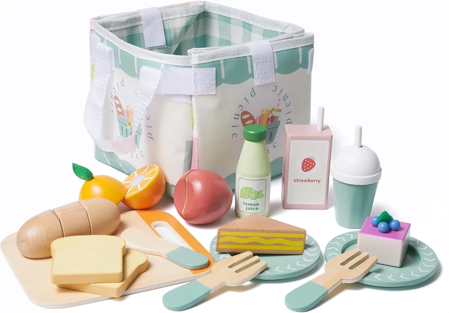 21pcs Wooden Play Food Set for Kids Kitchen, Cutting Pretend Play Toy Picnic Playset with Food, Fruit, Juice and Bag, Toddler Toy Food Play Kitchen Accessories Boys & Girls Birthday Gift