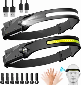 230°Wide Beam & 350 Lumens, USB Rechargeable Waterproof Flashlights for Adults Camping Hiking, 2 Packs Led Headlamps with 5 Modes, Motion Sensor Dual-Light Running Headlamps