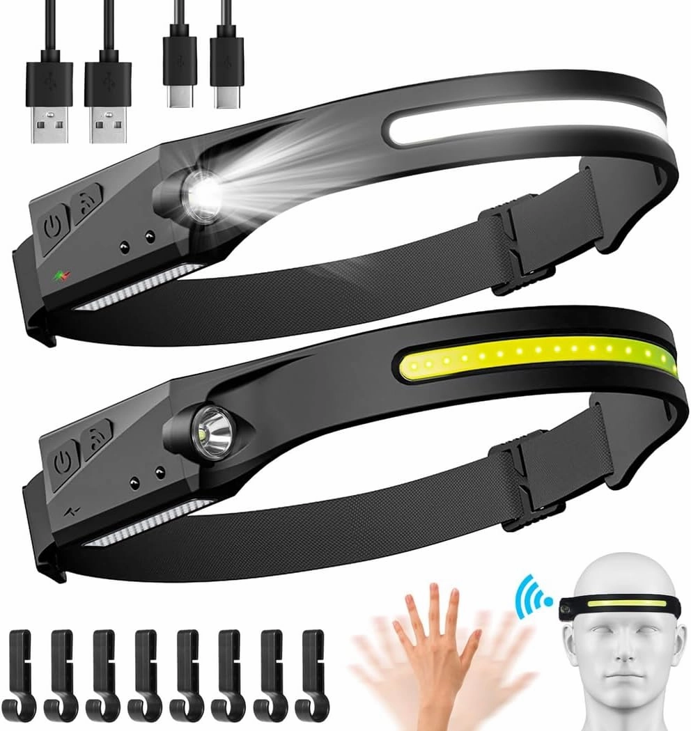 230°Wide Beam & 350 Lumens, USB Rechargeable Waterproof Flashlights for Adults Camping Hiking, 2 Packs Led Headlamps with 5 Modes, Motion Sensor Dual-Light Running Headlamps