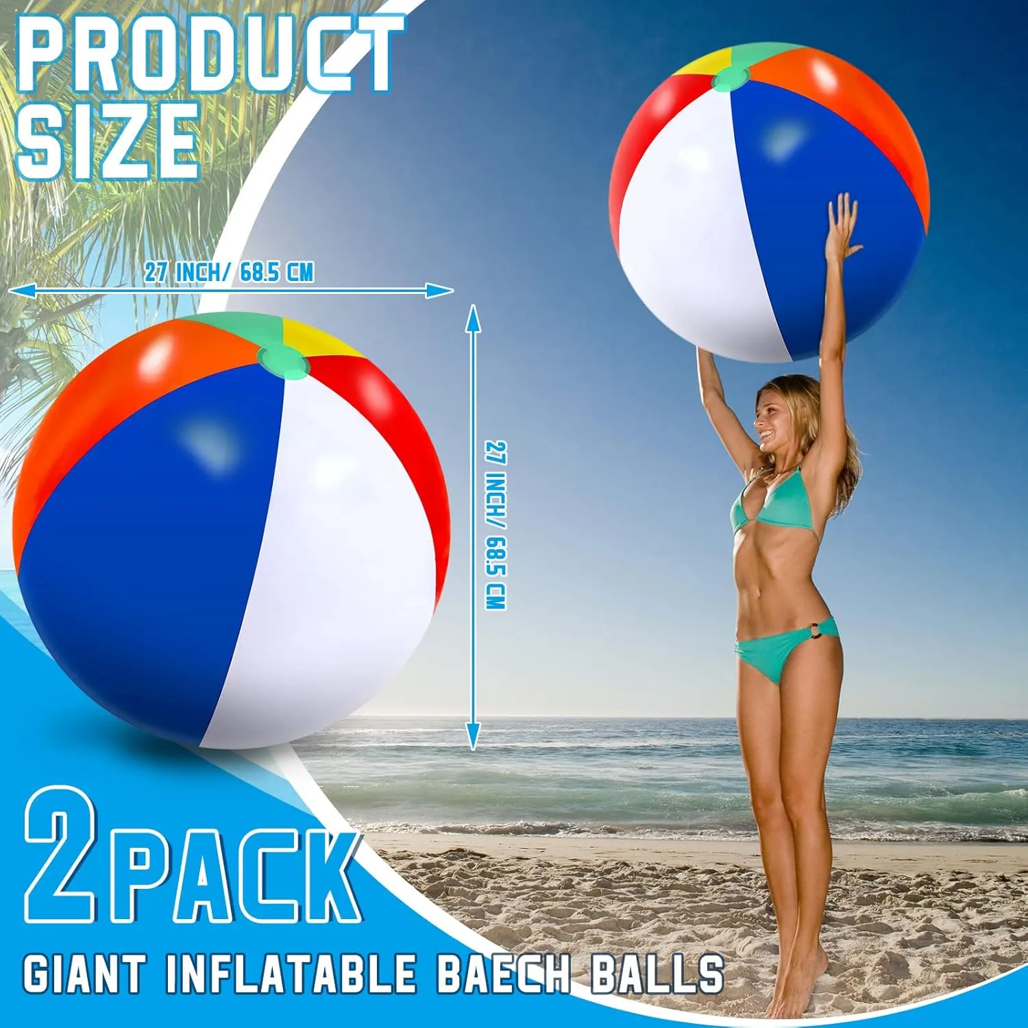 27 Inch Rainbow Beach Balls Giant Inflatable Large Pool Beach Balls Inflatable Swimming Pool Toys for Summer Water Games(2 Pcs)