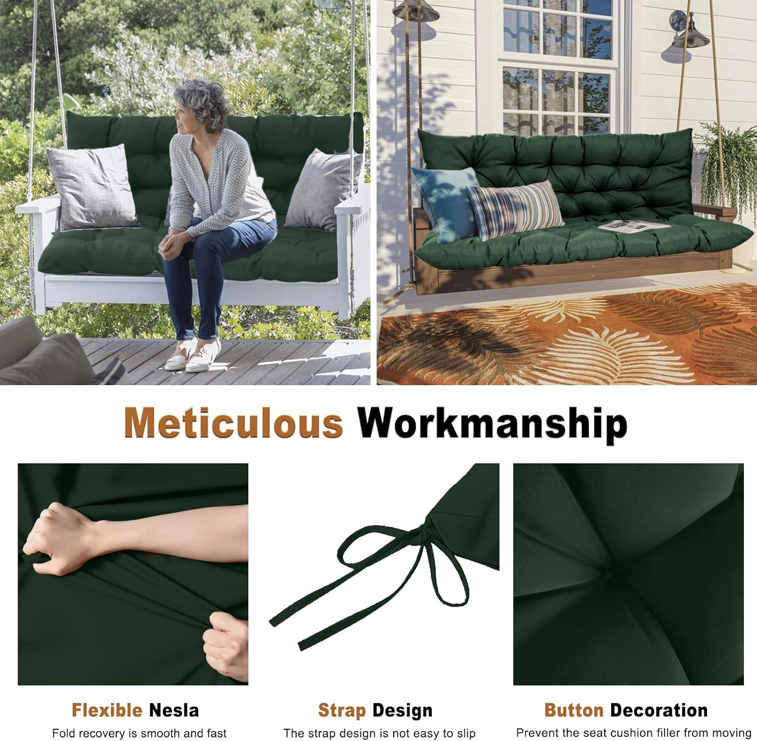 2-3 Seat Swing Replacement Cushion, Outdoor Bench Cushions with Backrest Thicken 4", Patio Furniture Garden Porch Loveseat Glider Pad Anti-Fading Waterproof (Dark Green, 40x40in)