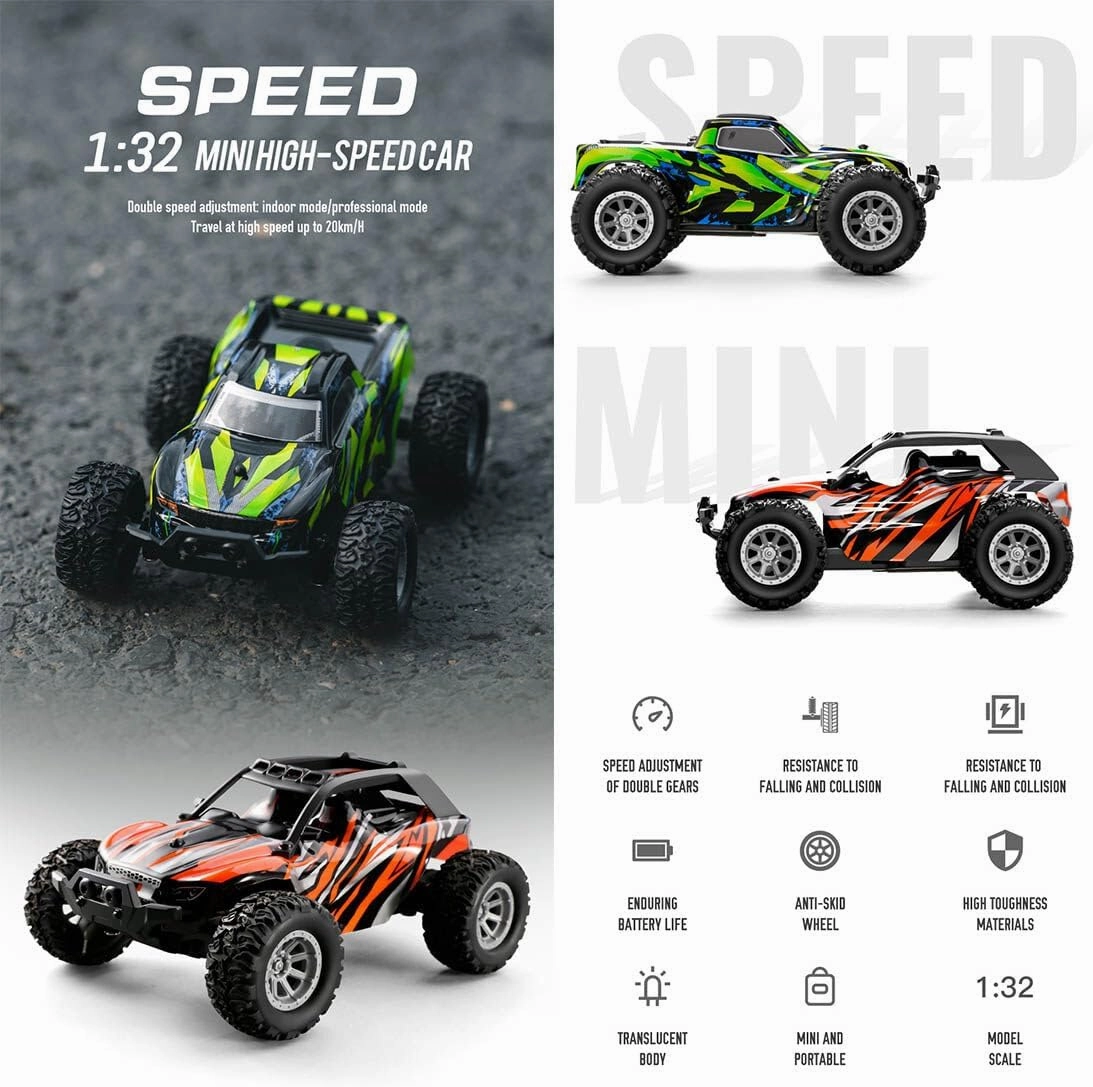 2.4G Remote Control RC Drift Off-Road Vehicle, 1/32 Scale Mini Electric 4WD RC Drift Off Road Truck High Speed Crawler Car for Teens Adults - (RTR Version/Green)