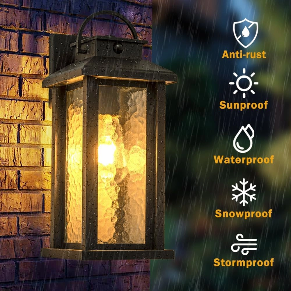 2 Pack Motion Sensor Outdoor Lights, Matte Black Dusk to Dawn Porch Lights Outdoor Light Fixture with Water Glass, 3 Lighting Modes Exterior Lighting Fixtures, Waterproof Outside Light for House