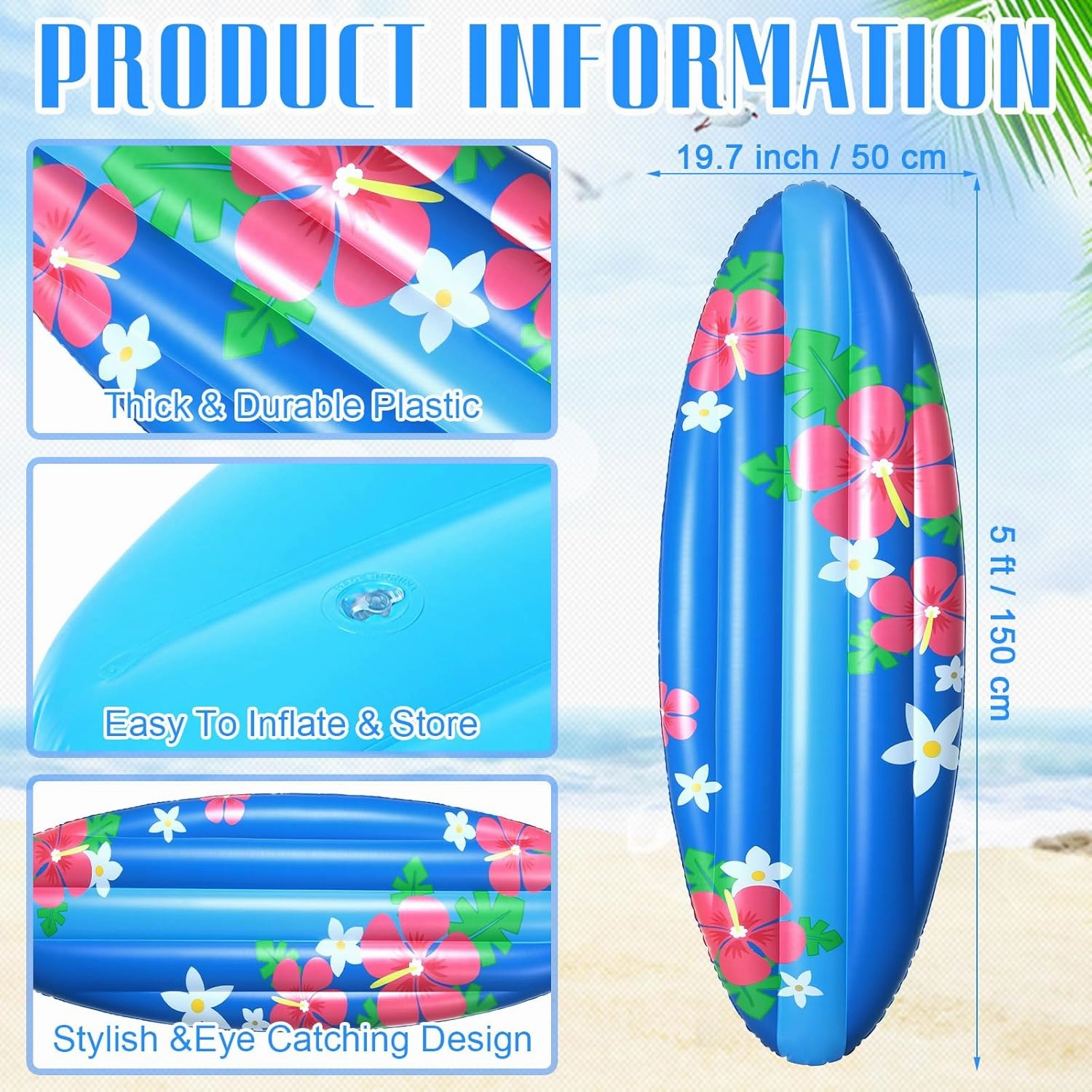 2 Pcs Luau Surfboard Inflate, 5 ft Inflatable Surf Board Tropical Beach Pool Toy Board Inflatable Pool Floats Luau Party Decorations for Adults Summer Luau Hawaiian Beach Pool Party