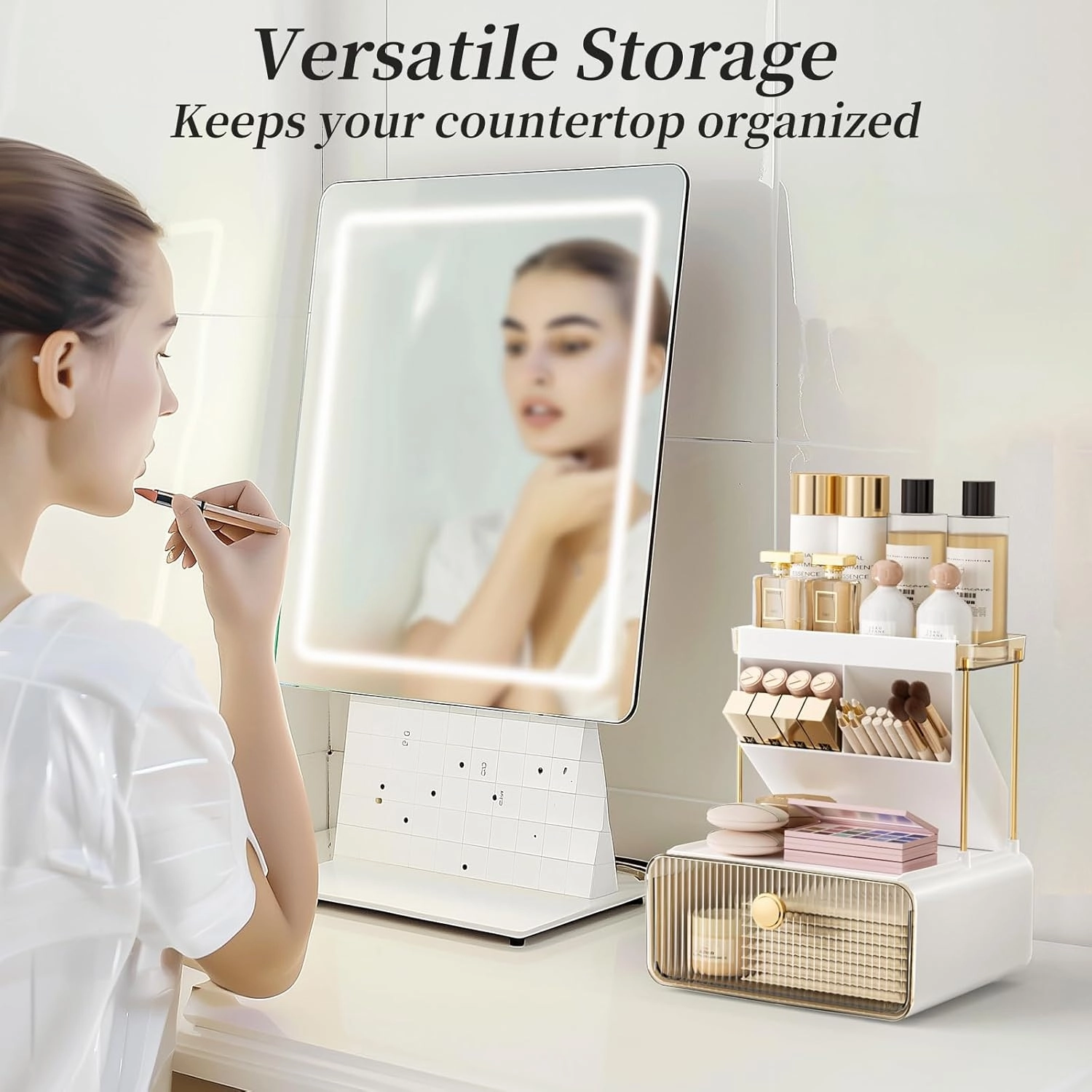 2-Tier Makeup Organizers Countertop,Versatile Bathroom Counter Organizer,Cosmetic Make Up Organizers for Vanity,Cute Skincare Organizer (Amber)