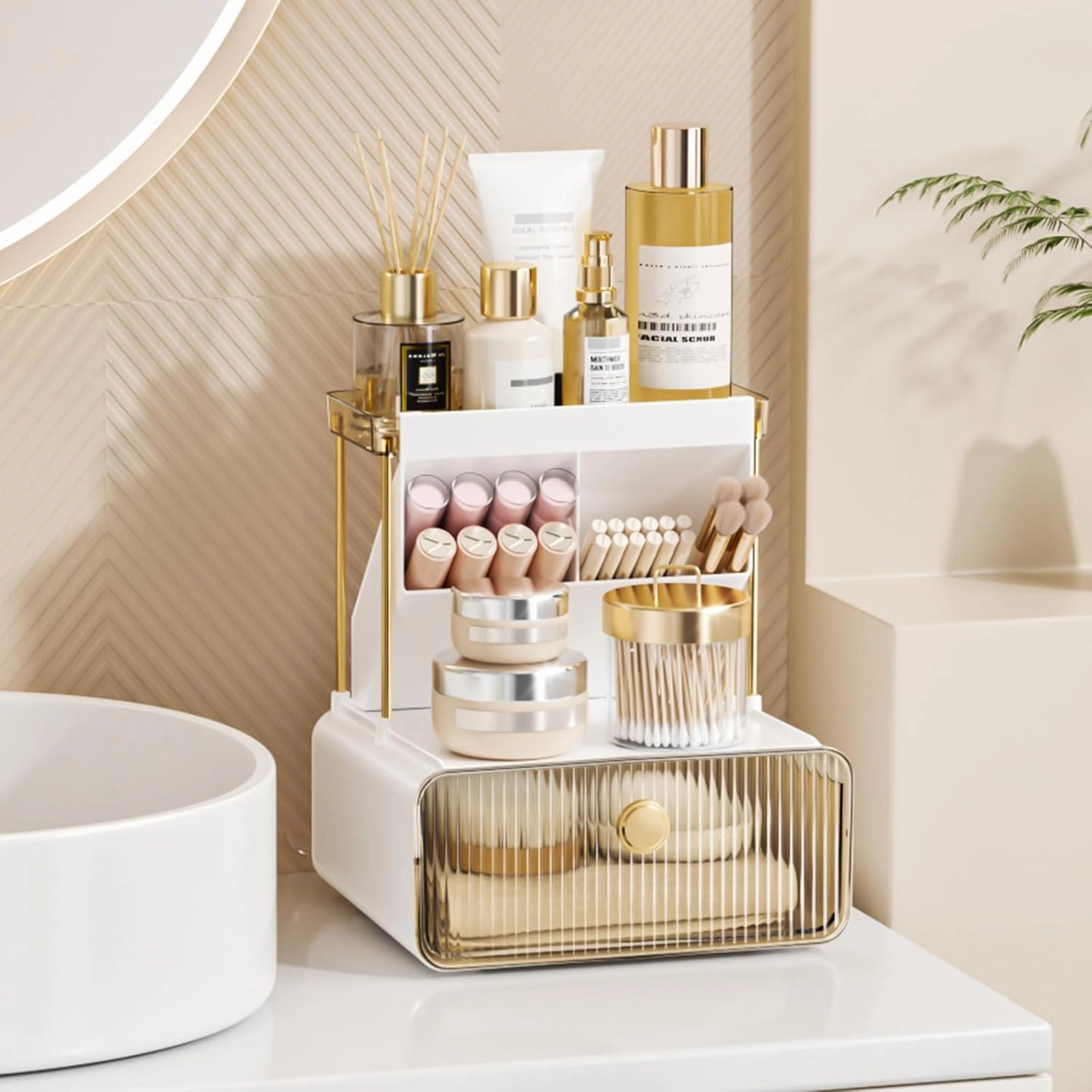 2-Tier Makeup Organizers Countertop,Versatile Bathroom Counter Organizer,Cosmetic Make Up Organizers for Vanity,Cute Skincare Organizer (Amber)