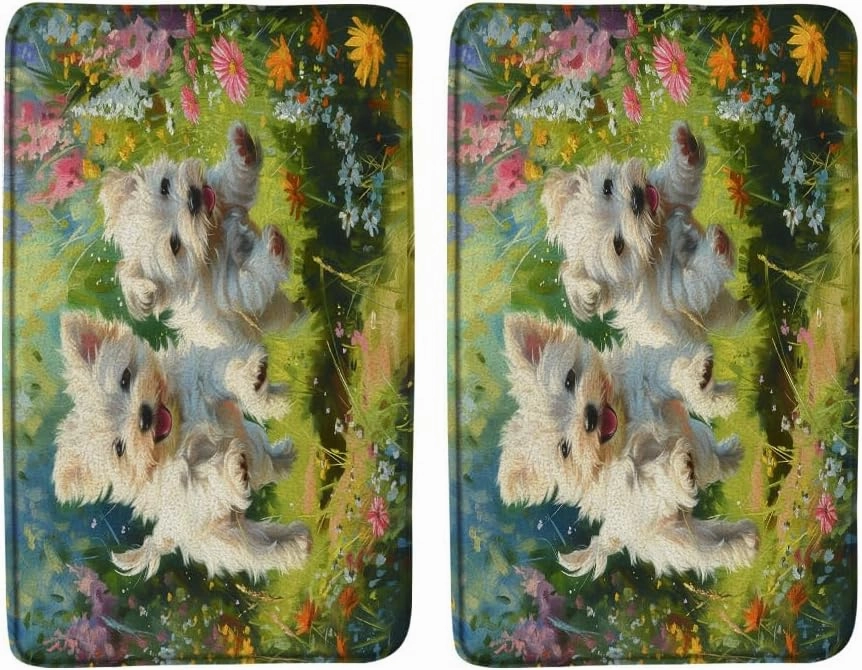 2PCS Cute Dog Bath Mat Funny Animal Running Grassland Floral Green Leaves Watercolor Garden Scenery Pets Lover Bathroom Rug Microfiber Memory Foam Shower Mat Kitchen Bath Floor Rugs, 16x24 Inch