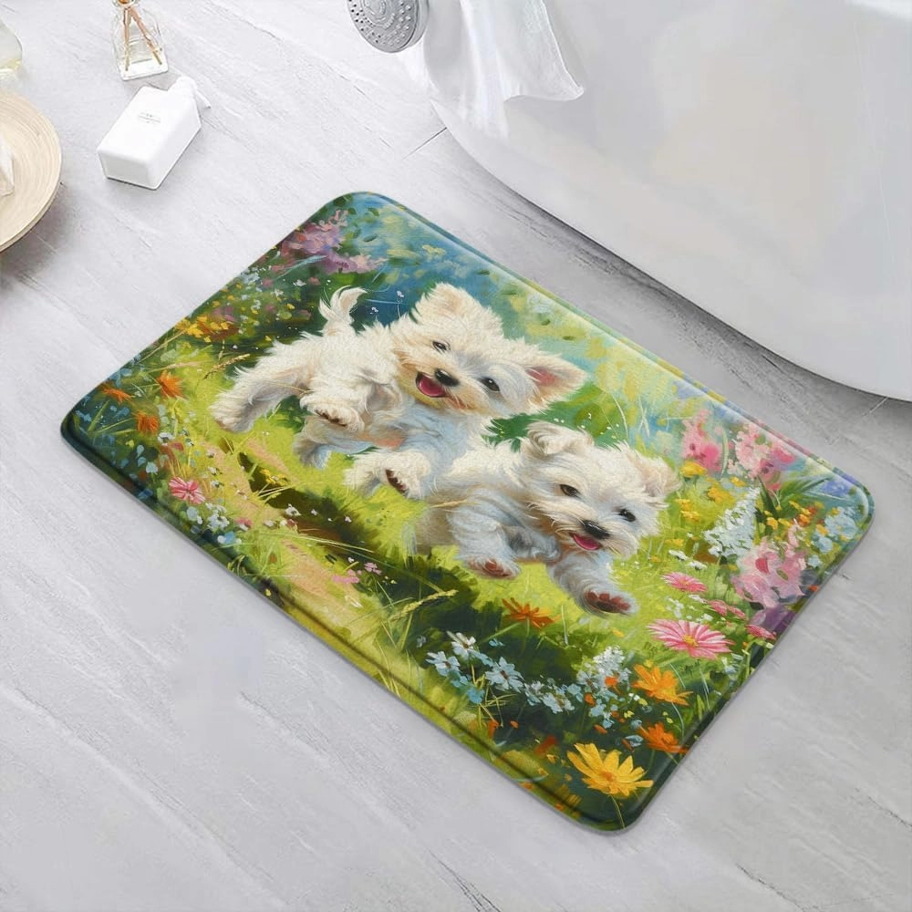 2PCS Cute Dog Bath Mat Funny Animal Running Grassland Floral Green Leaves Watercolor Garden Scenery Pets Lover Bathroom Rug Microfiber Memory Foam Shower Mat Kitchen Bath Floor Rugs, 16x24 Inch