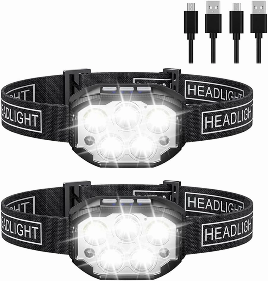 2pcs Strong Light 5LED Portable Head Light Lamp USB Rechargeable Outdoor Cycling Hiking Night Fishing Sensor Headlight Easy Install